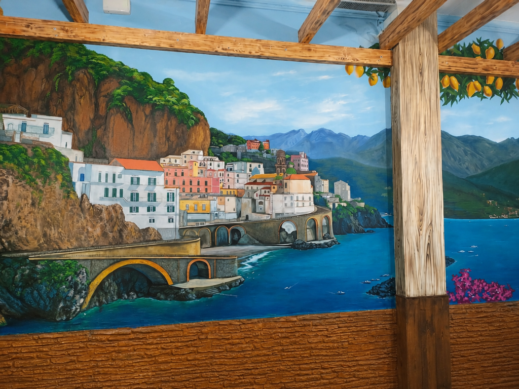Dettaglio del murale del ristorante Terroni a Puerto de Sagunto